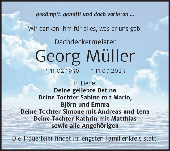 Traueranzeige von Georg Müller von Mitteldeutsche Zeitung Mansfelder Land
