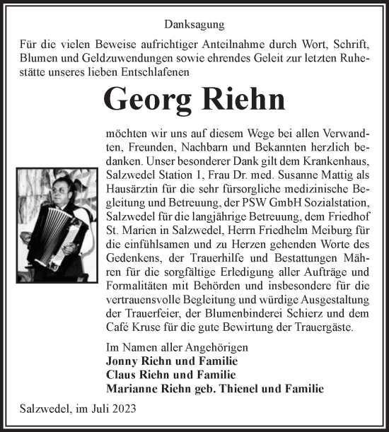 Traueranzeige von Georg Riehn von Volksstimme Altmark West