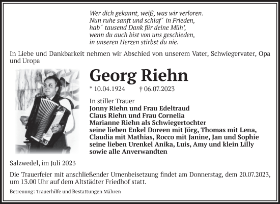 Traueranzeige von Georg Riehn von Volksstimme Altmark West