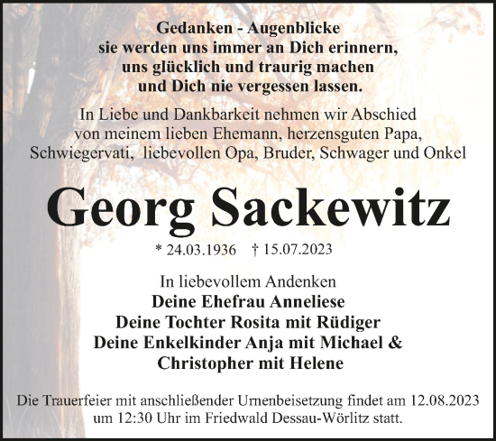 Traueranzeige von Georg Sackewitz von Trauerkombi Dessau
