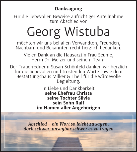Traueranzeige von Georg Wistuba von Trauerkombi Zeitz