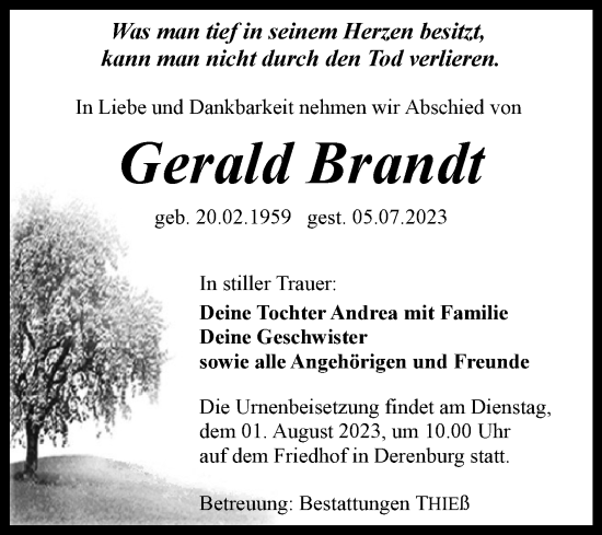 Traueranzeige von Gerald Brandt von Volksstimme Wernigerode