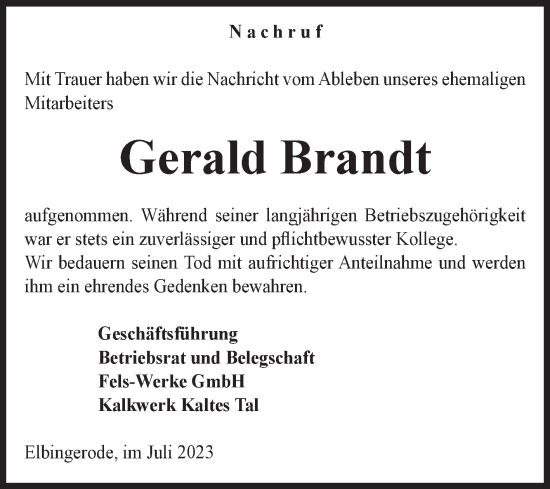 Traueranzeige von Gerald Brandt von Volksstimme Wernigerode