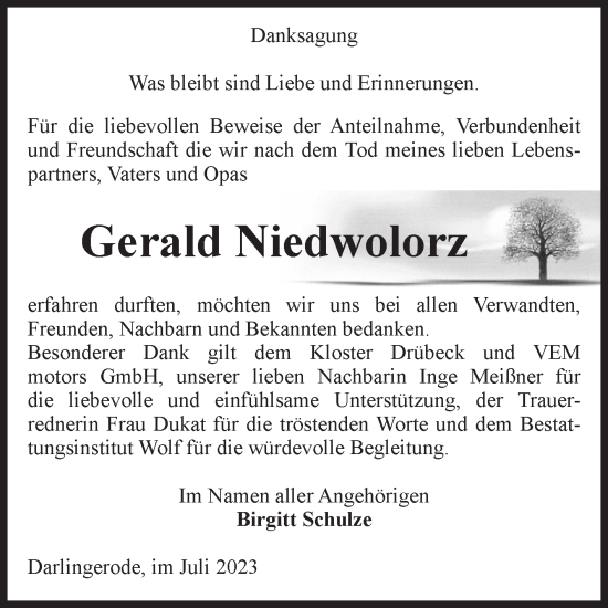 Traueranzeige von Gerald Niedwolorz von Volksstimme Wernigerode