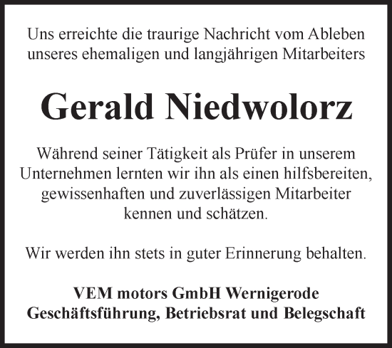 Traueranzeige von Gerald Niedwolorz von Volksstimme Wernigerode