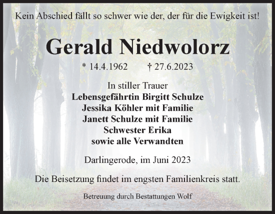Traueranzeige von Gerald Niedwolorz von Volksstimme Wernigerode