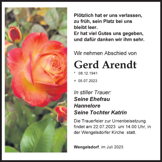 Traueranzeige von Gerd Arendt von Trauerkombi Weißenfels