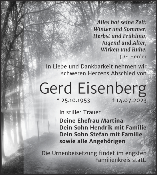 Traueranzeige von Gerd Eisenberg von Trauerkombi Köthen
