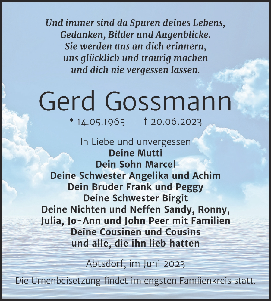  Traueranzeige für Gerd Gossmann vom 01.07.2023 aus Trauerkombi Wittenberg
