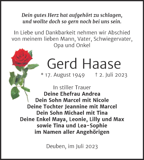 Traueranzeige von Gerd Haase von Trauerkombi Weißenfels