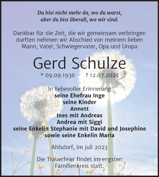 Traueranzeige von Gerd Schulze von Trauerkombi Mansfelder Land