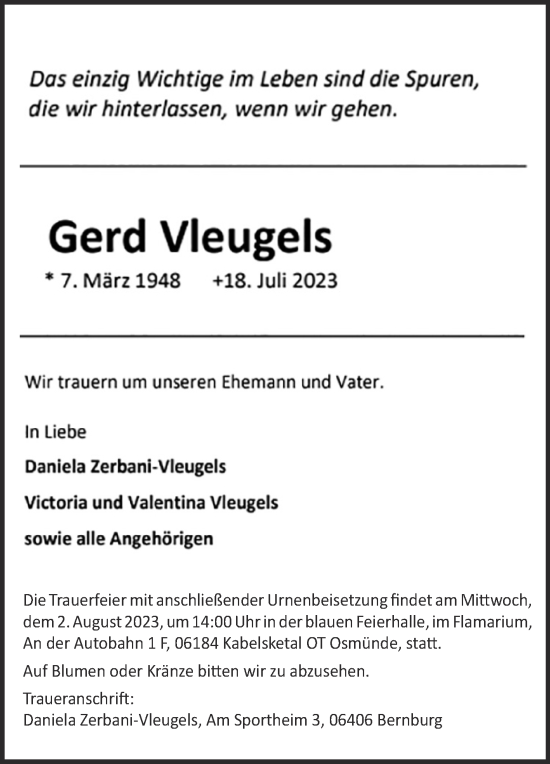 Traueranzeige von Gerd Vleugels von Mitteldeutsche Zeitung Bernburg