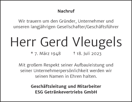 Traueranzeige von Gerd Vleugels von Mitteldeutsche Zeitung Halle/Saalkreis