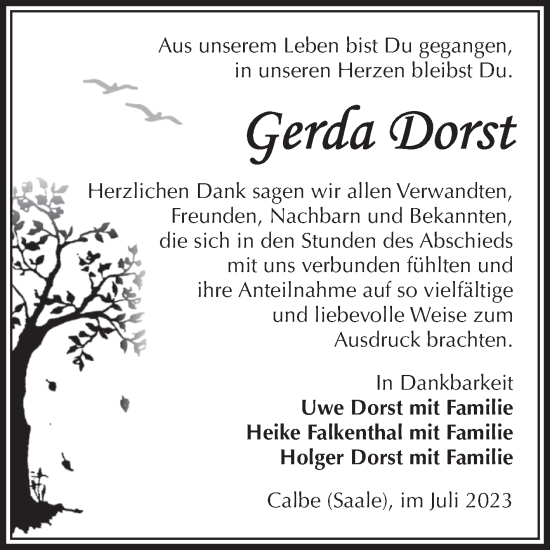 Traueranzeige von Gerda Dorst von Volksstimme Schönebeck
