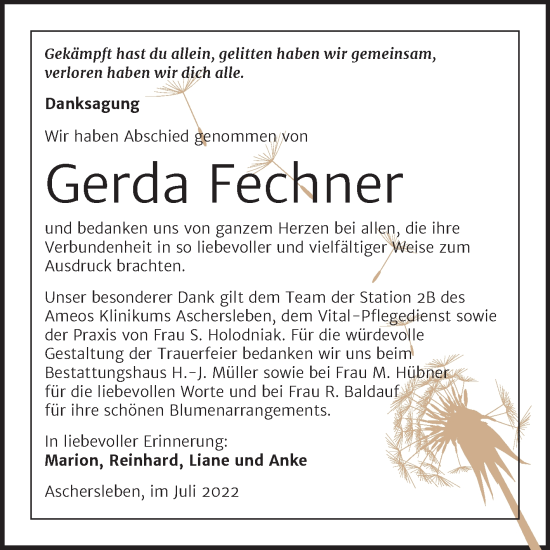 Traueranzeige von Gerda Fechner von Trauerkombi Aschersleben