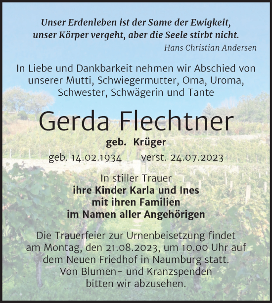 Traueranzeige von Gerda Flechtner von Naumburger Tageblatt