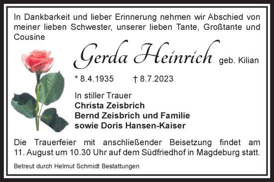 Traueranzeige von Gerda Heinrich von Volksstimme Magdeburg