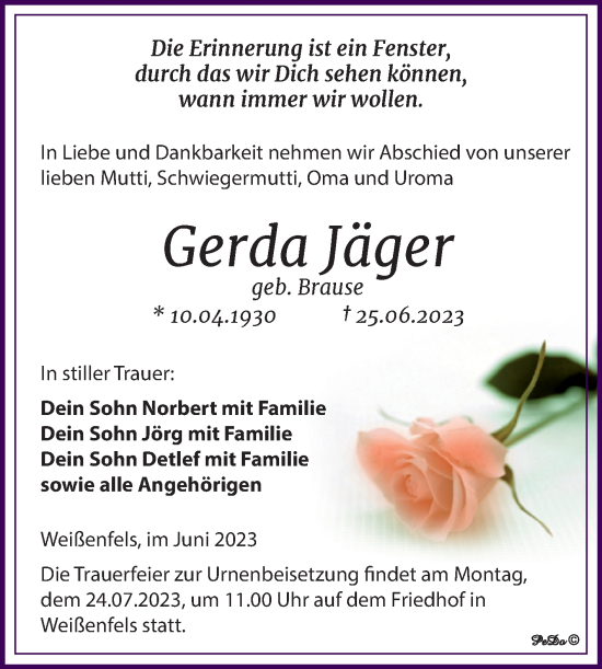 Traueranzeige von Gerda Jäger von Trauerkombi Weißenfels