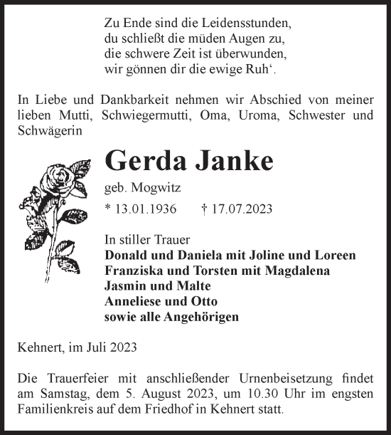 Traueranzeige von Gerda Janke von Volksstimme Altmark Ost