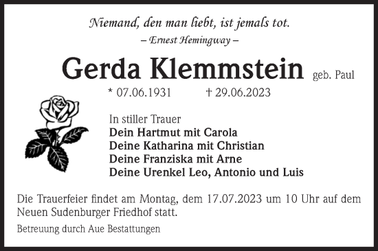 Traueranzeige von Gerda Klemmstein von Volksstimme Magdeburg