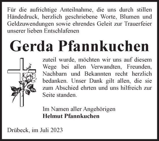 Traueranzeige von Gerda Pfannkuchen von Volksstimme Wernigerode