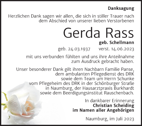 Traueranzeige von Gerda Rass von Wochenspiegel Naumburg/Nebra