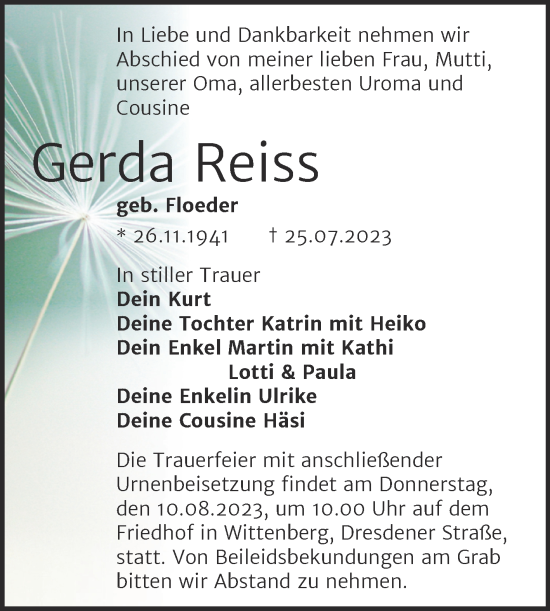 Traueranzeige von Gerda Reiss von Trauerkombi Wittenberg