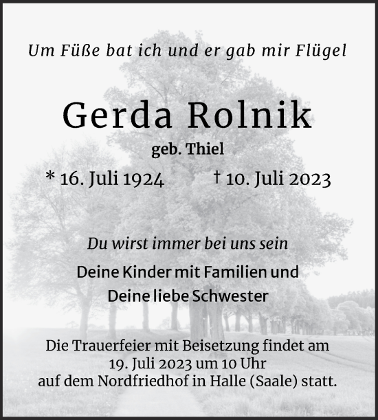 Traueranzeige von Gerda Rolnik von Mitteldeutsche Zeitung Halle/Saalkreis