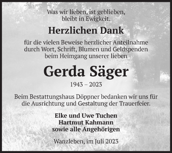 Traueranzeige von Gerda Säger von Volksstimme Oschersleben/Wanzleben