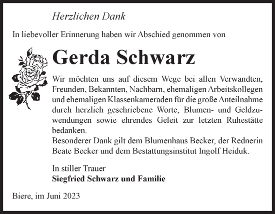 Traueranzeige von Gerda Schwarz von Volksstimme Schönebeck