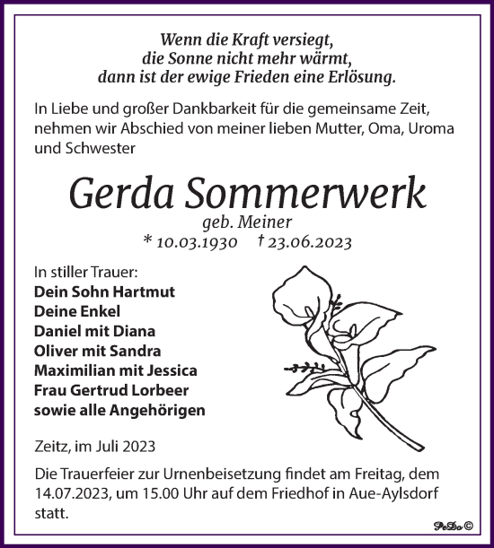 Traueranzeige von Gerda Sommerwerk von Trauerkombi Zeitz