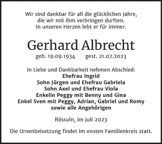 Traueranzeige von Gerhard Albrecht von Trauerkombi Weißenfels