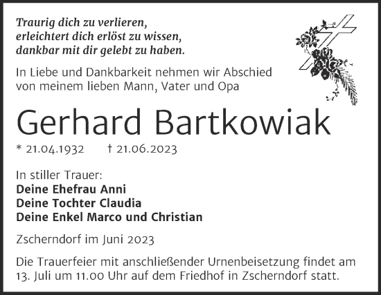 Traueranzeige von Gerhard Bartkowiak von Trauerkombi Bitterfeld