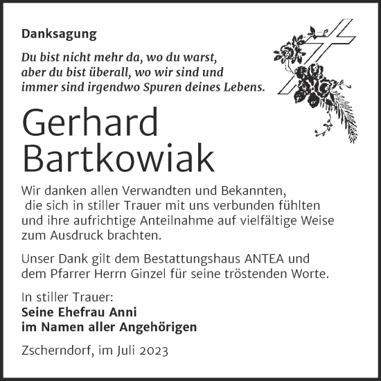 Traueranzeige von Gerhard Bartkowiak von Trauerkombi Bitterfeld
