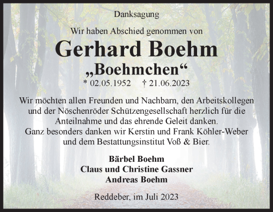 Traueranzeige von Gerhard Boehm von Volksstimme Wernigerode