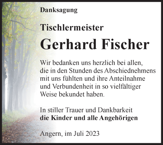 Traueranzeige von Gerhard Fischer von Volksstimme Haldensleben/Wolmirstedt