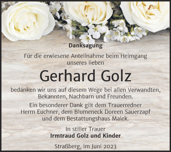 Traueranzeige von Gerhard Golz von Trauerkombi Quedlinburg