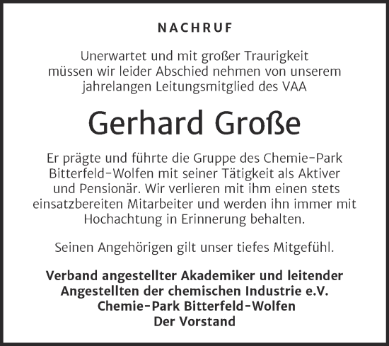 Traueranzeige von Gerhard Große von Mitteldeutsche Zeitung Bitterfeld