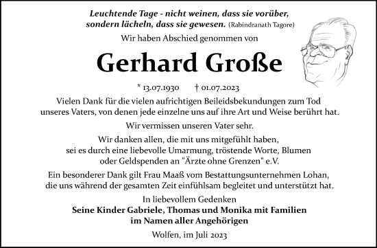 Traueranzeige von Gerhard Große von Trauerkombi Bitterfeld