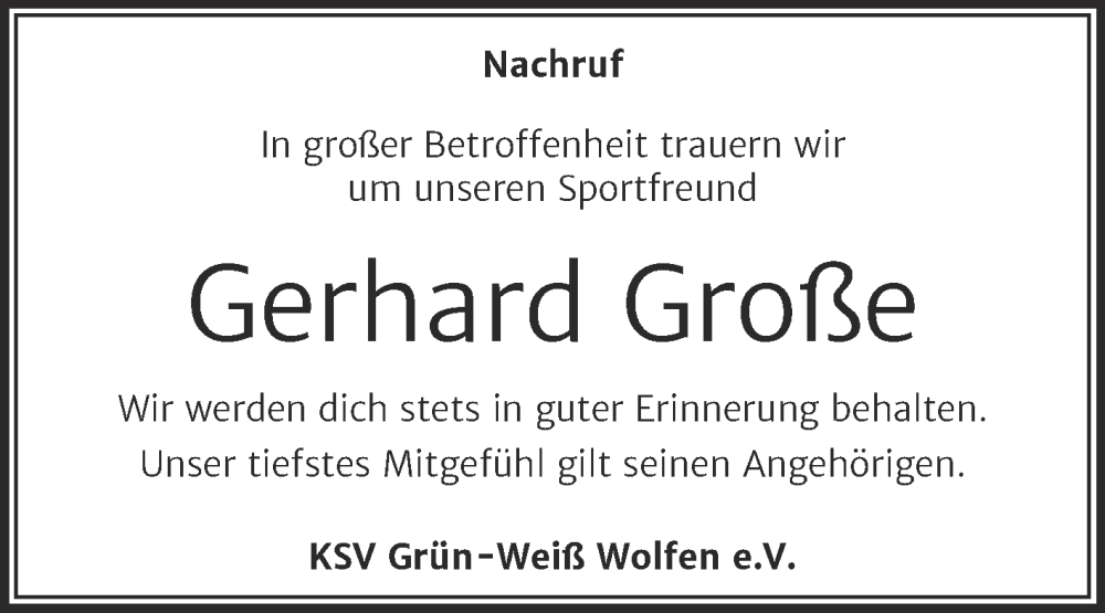  Traueranzeige für Gerhard Große vom 08.07.2023 aus Trauerkombi Bitterfeld