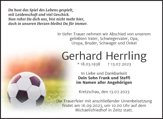 Traueranzeige von Gerhard Herrling von Trauerkombi Zeitz