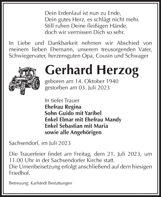 Traueranzeige von Gerhard Herzog von Volksstimme Schönebeck