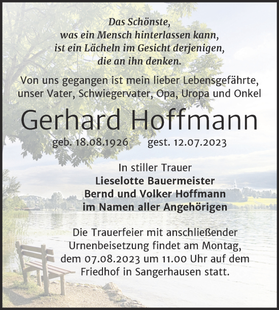 Traueranzeige von Gerhard Hoffmann von Trauerkombi Sangerhausen