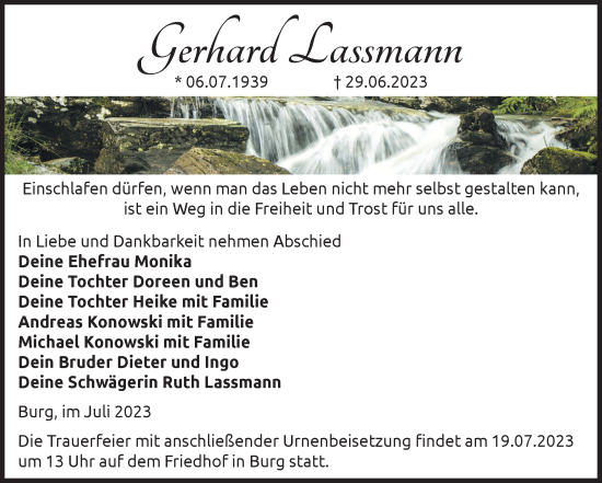 Traueranzeige von Gerhard Lassmann von Volksstimme Burg/Genthin