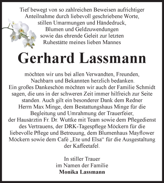 Traueranzeige von Gerhard Lassmann von Volksstimme Burg/Genthin