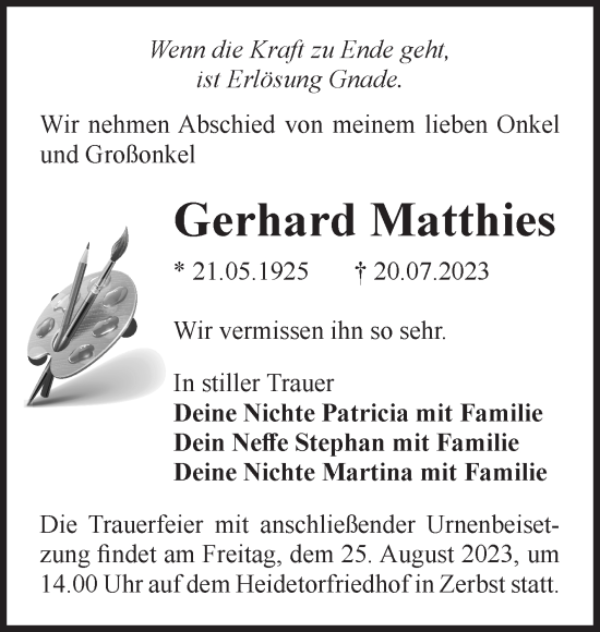 Traueranzeige von Gerhard Matthies von Volksstimme Zerbst