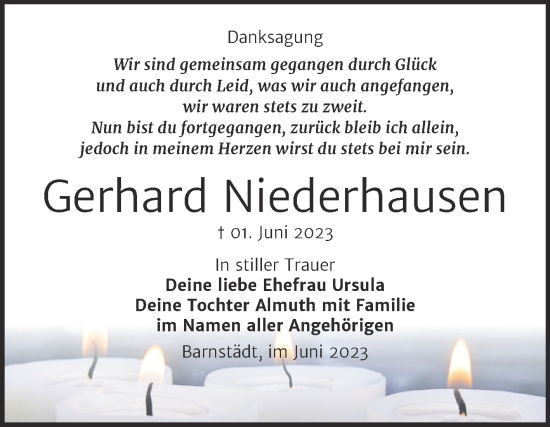Traueranzeige von Gerhard Niederhausen von Trauerkombi Merseburg
