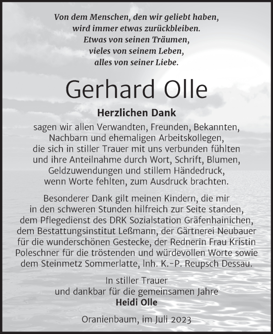 Traueranzeige von Gerhard Olle von Trauerkombi Wittenberg