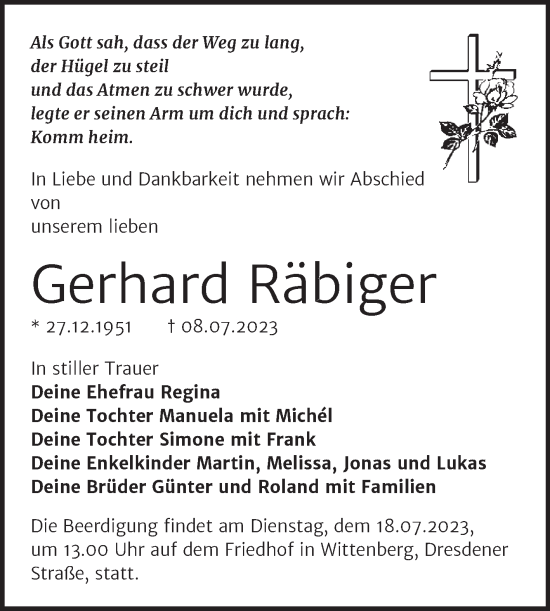 Traueranzeige von Gerhard Räbiger von Trauerkombi Wittenberg