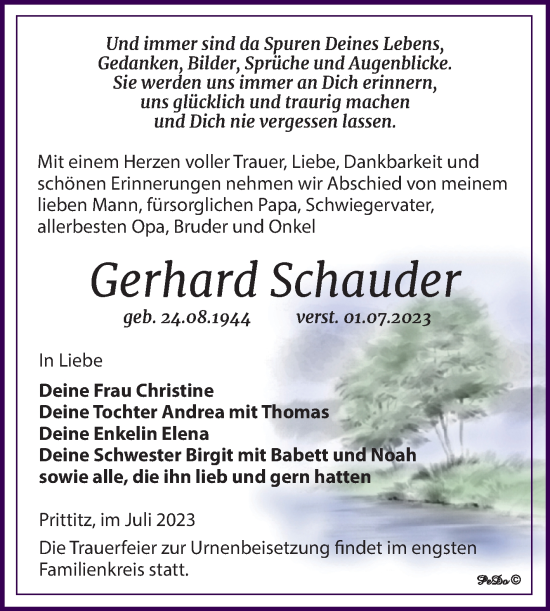 Traueranzeige von Gerhard Schauder von Trauerkombi Weißenfels